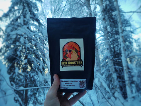 Red Rooster Coffee Columbia Inza Rio Raez Coffee Package in Winter Scene